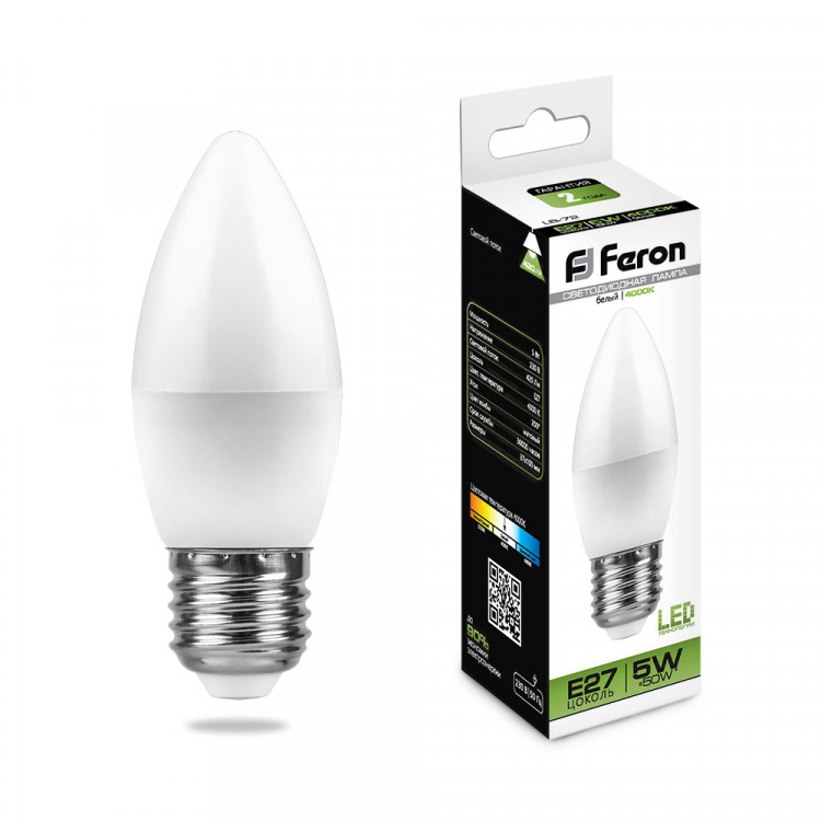 Лампа светодиодная Feron LB-72 Свеча E27 5W 4000K